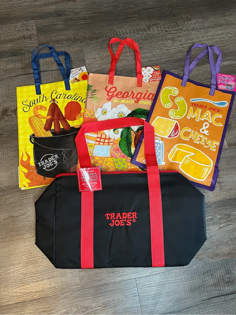 Trader Joe’s 4-Bag Bundle: New Red/Black Insulated Tote, GA, SC & Mac n Cheese